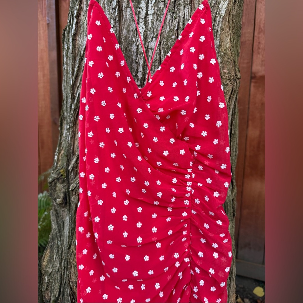 Urban Outfitters Finders Keepers Red Ruched Maxi Dress w/ Criss Cross Tie Back